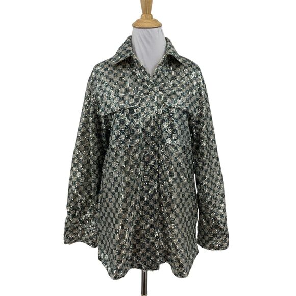 Steve Madden Jacket Womens XS Extra Large Andee Checkered Sequined Shacket - Picture 1 of 16